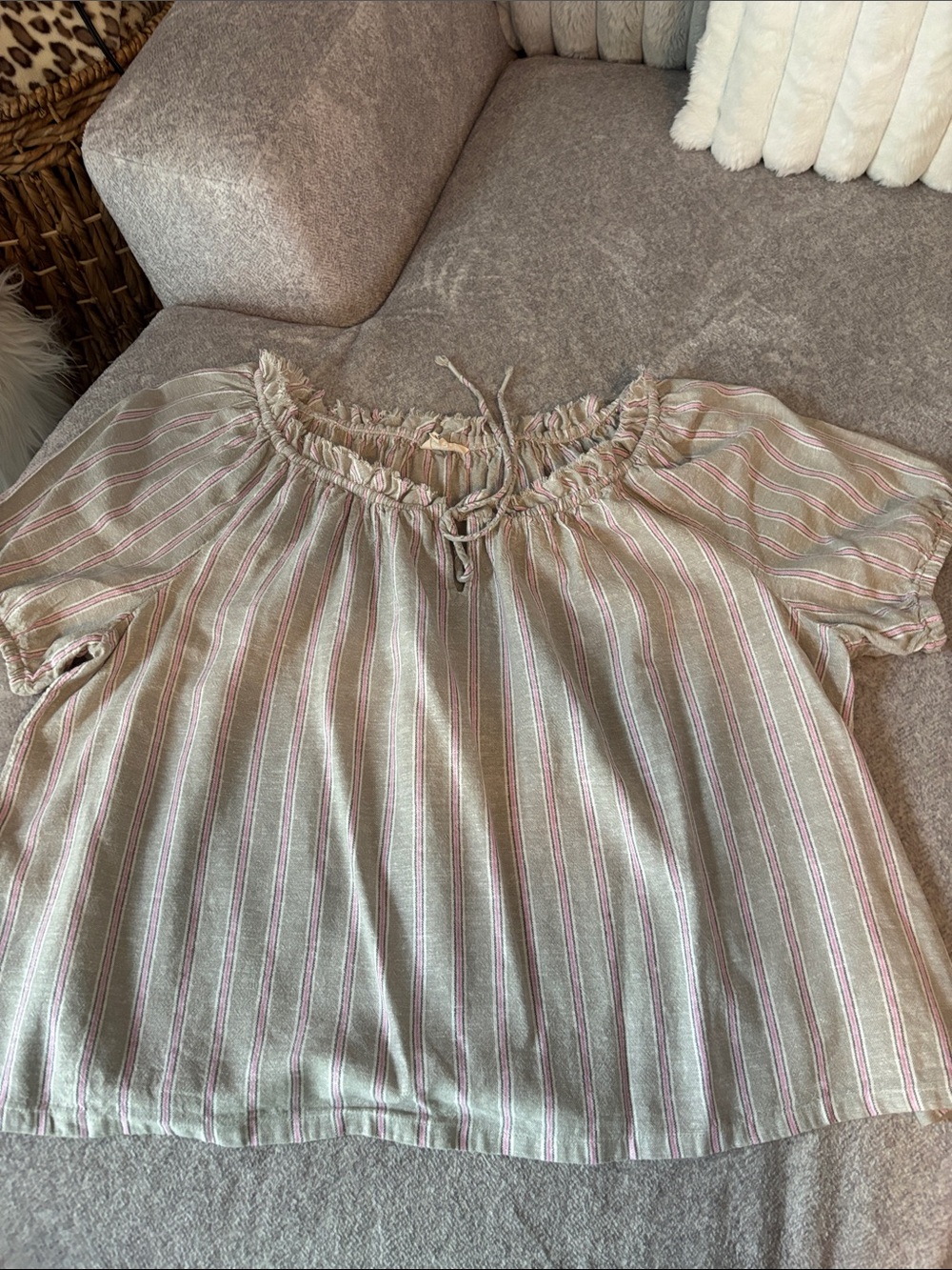 Lucky Brand Striped Off-Shoulder Peasant Top - Pink and Cream